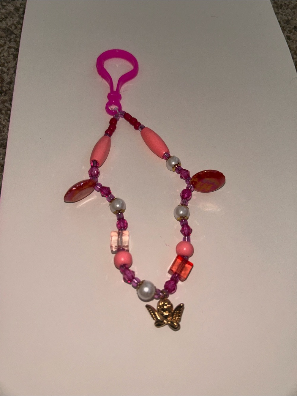 Pink Beaded Angel Charm Keychain